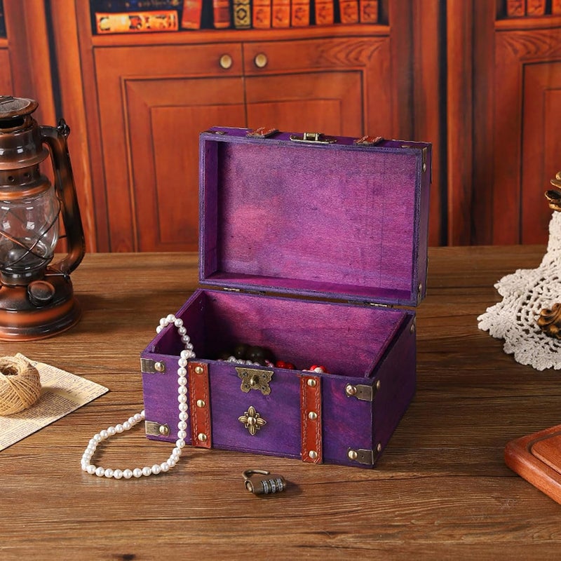 NOENNULL Vintage Treasure Chest Box Wooden Small Wooden Treasure Chest Jewelry Storage Box Decorative Treasure Chest for Home Bedroom Decor (Purple) - Image 5