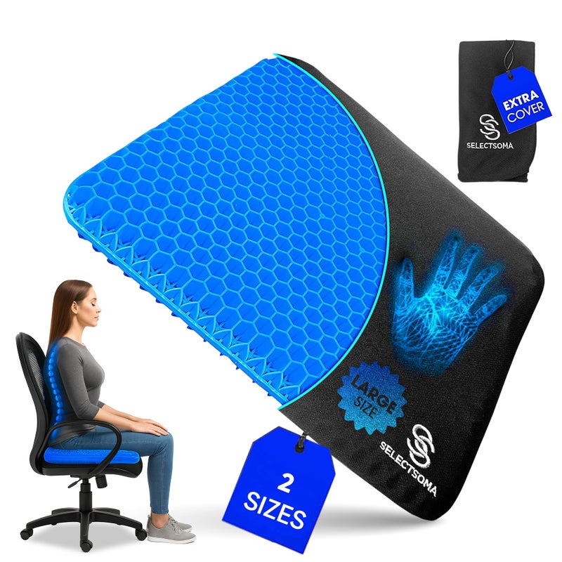SelectSoma Super Large Gel Seat Cushion for Long Sitting - 18.5" x 17.5" - Breathable Cooling Design - Pressure Relief for Sciatica, Tailbone & Back - Office Chair, Wheelchair, Car & Truck Cushion - Image 1
