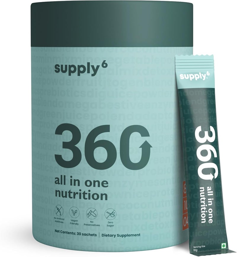 SUPPLY6 360 Greens Powder with 80 Superfoods Ayurvedic Herbs Vitamins Minerals Probiotics  Botanicals  Supports Energy Gut Health  Immunity  PlantBased  No Added Sugar  30 Servings - Image 1