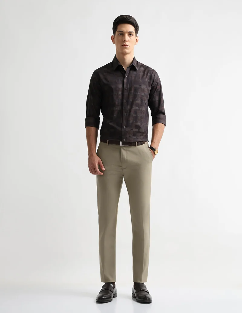 Arrow Beige Mid Rise Super Slim Fit Trousers for Men | Best Price UAE