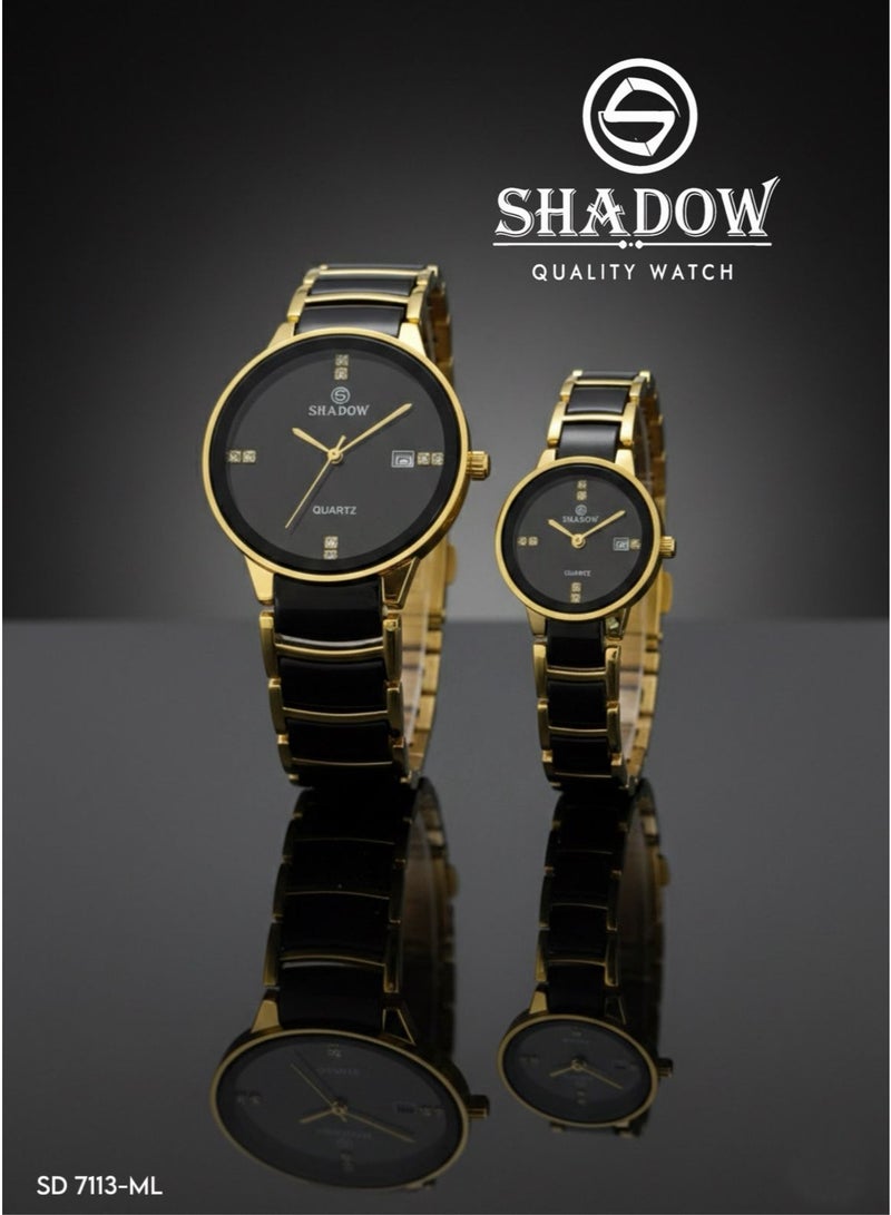 SHADOW Luxury Couple Watch Set - Premium Stainless Steel Matching His and Hers Quartz Wristwatches with Date Display & Crystal Indices - Image 2