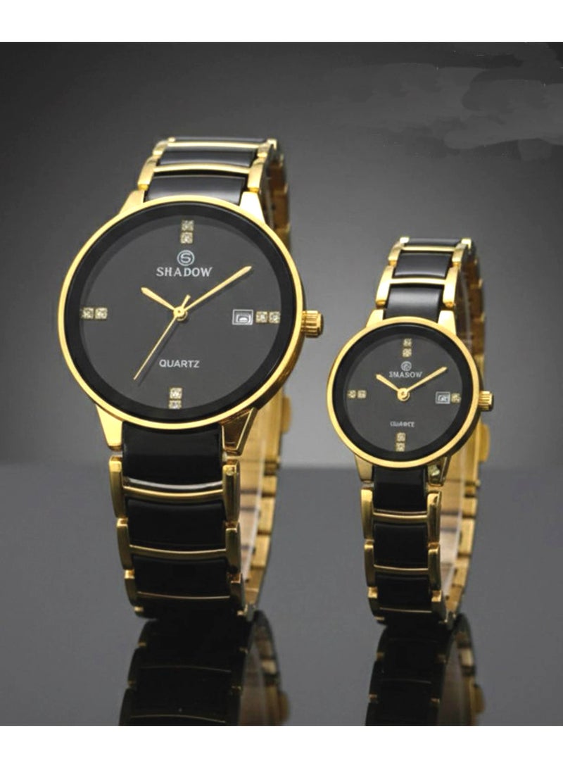 SHADOW Luxury Couple Watch Set - Premium Stainless Steel Matching His and Hers Quartz Wristwatches with Date Display & Crystal Indices - Image 1