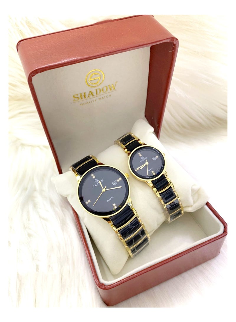 SHADOW Luxury Couple Watch Set - Premium Stainless Steel Matching His and Hers Quartz Wristwatches with Date Display & Crystal Indices - Image 4