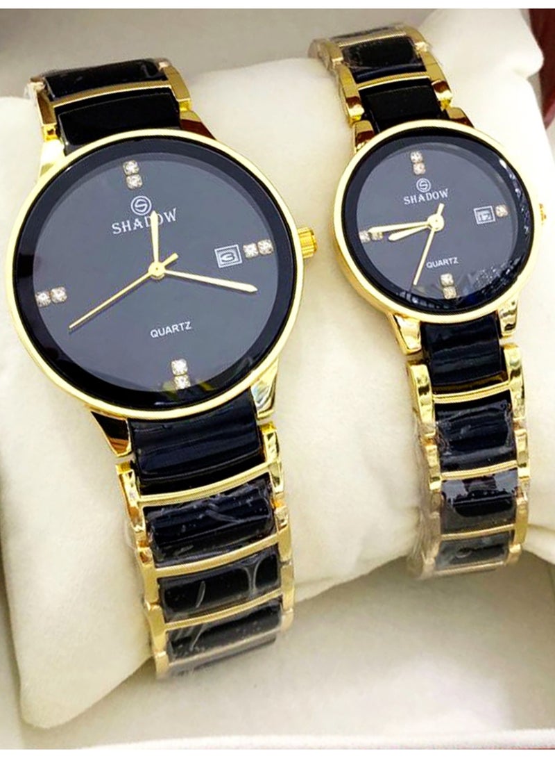 SHADOW Luxury Couple Watch Set - Premium Stainless Steel Matching His and Hers Quartz Wristwatches with Date Display & Crystal Indices - Image 3