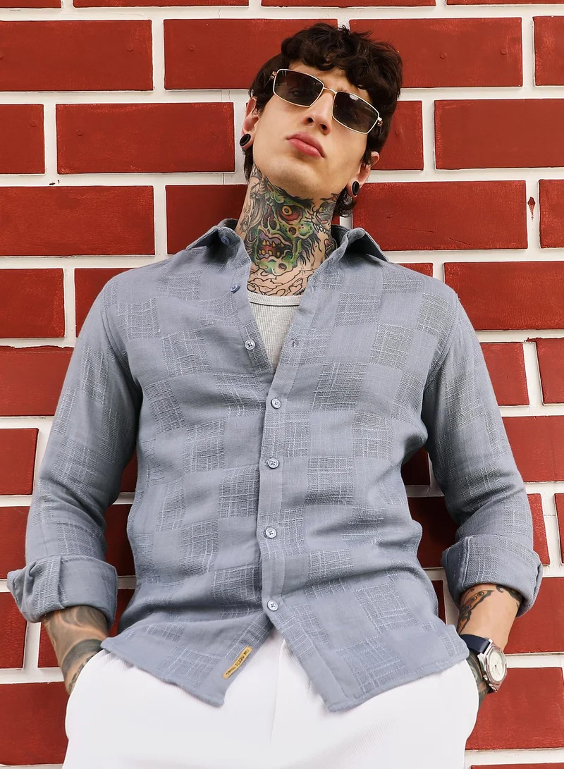 كامبوس سوترا Campus Sutra Men's Coin Grey Self-Jacquard Check Shirt | Spread Collar , Long Cuffed Sleeves , Button Closure , Curved Hem | Checks Jacquard | Cotton Shirt For Casual Wear