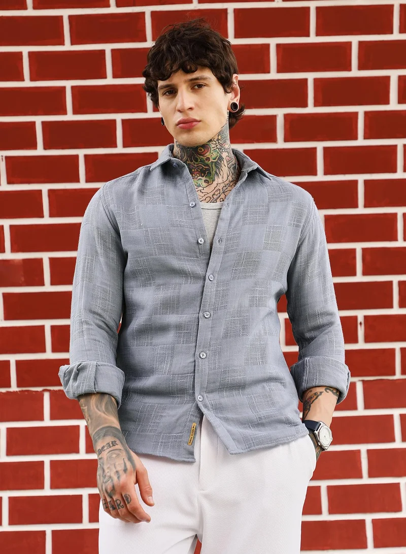 كامبوس سوترا Campus Sutra Men's Coin Grey Self-Jacquard Check Shirt | Spread Collar , Long Cuffed Sleeves , Button Closure , Curved Hem | Checks Jacquard | Cotton Shirt For Casual Wear