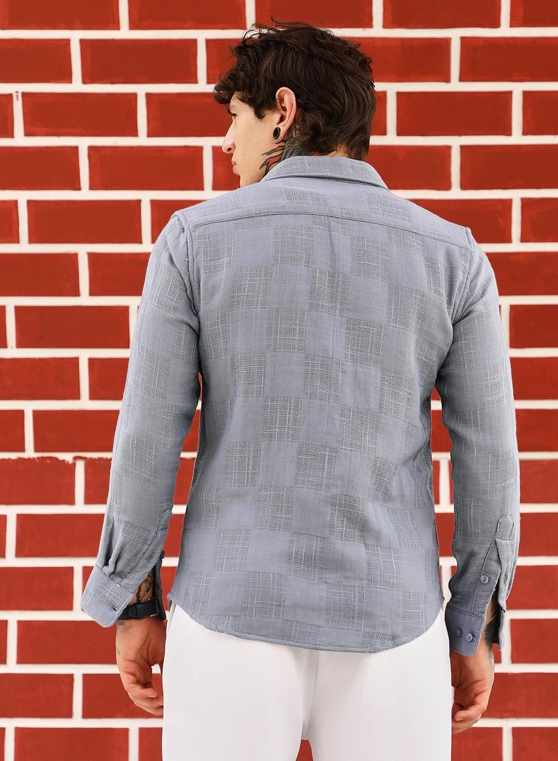 Campus Sutra Campus Sutra Men's Coin Grey Self-Jacquard Check Shirt | Spread Collar , Long Cuffed Sleeves , Button Closure , Curved Hem | Checks Jacquard | Cotton Shirt For Casual Wear - Image 5