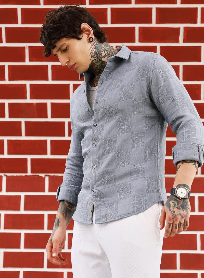 Campus Sutra Campus Sutra Men's Coin Grey Self-Jacquard Check Shirt | Spread Collar , Long Cuffed Sleeves , Button Closure , Curved Hem | Checks Jacquard | Cotton Shirt For Casual Wear - Image 3