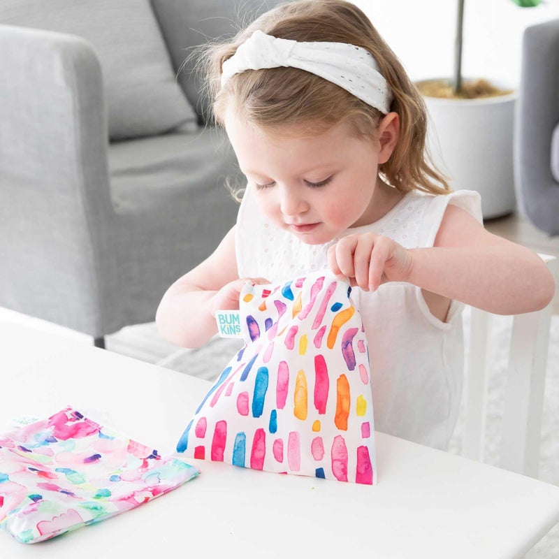 Bumkins Reusable Sandwich and Snack Bags, for Kids School Lunch and for Adults Portion, Washable Fabric, Waterproof Cloth Zip Bag, Travel Pouch, Food-Safe, Large 2-pk Watercolors and Brushstrokes - Image 3