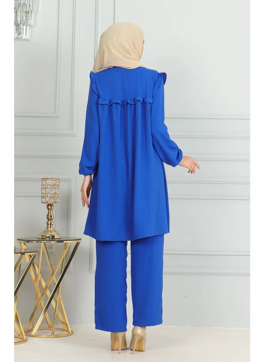 Sefa Merve Aerobin Fabric Ruffle Tunic Trousers Double Suit 1009-02 Saxe