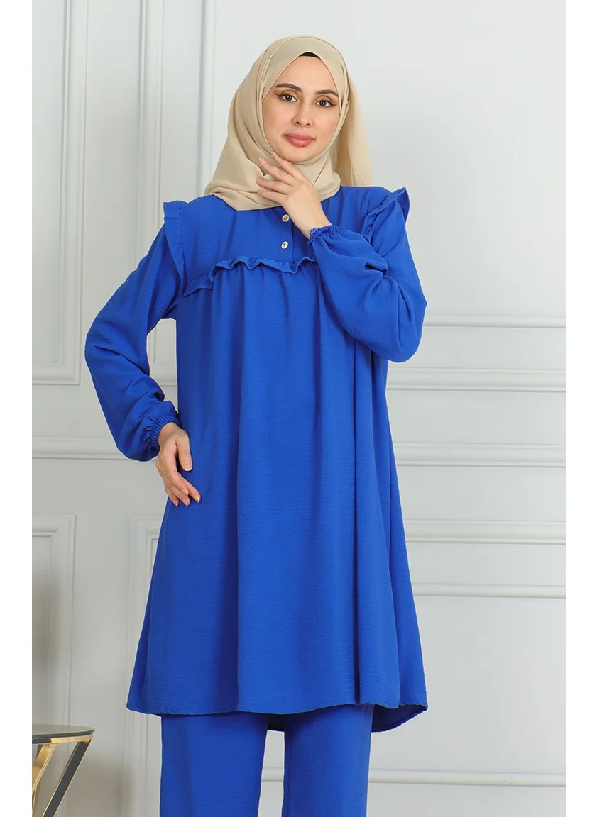 Sefa Merve Aerobin Fabric Ruffle Tunic Trousers Double Suit 1009-02 Saxe