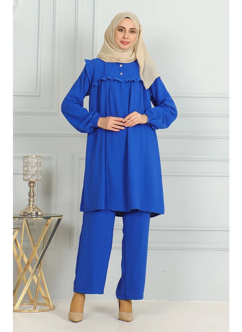 Sefa Merve Aerobin Fabric Ruffle Tunic Trousers Double Suit 1009-02 Saxe