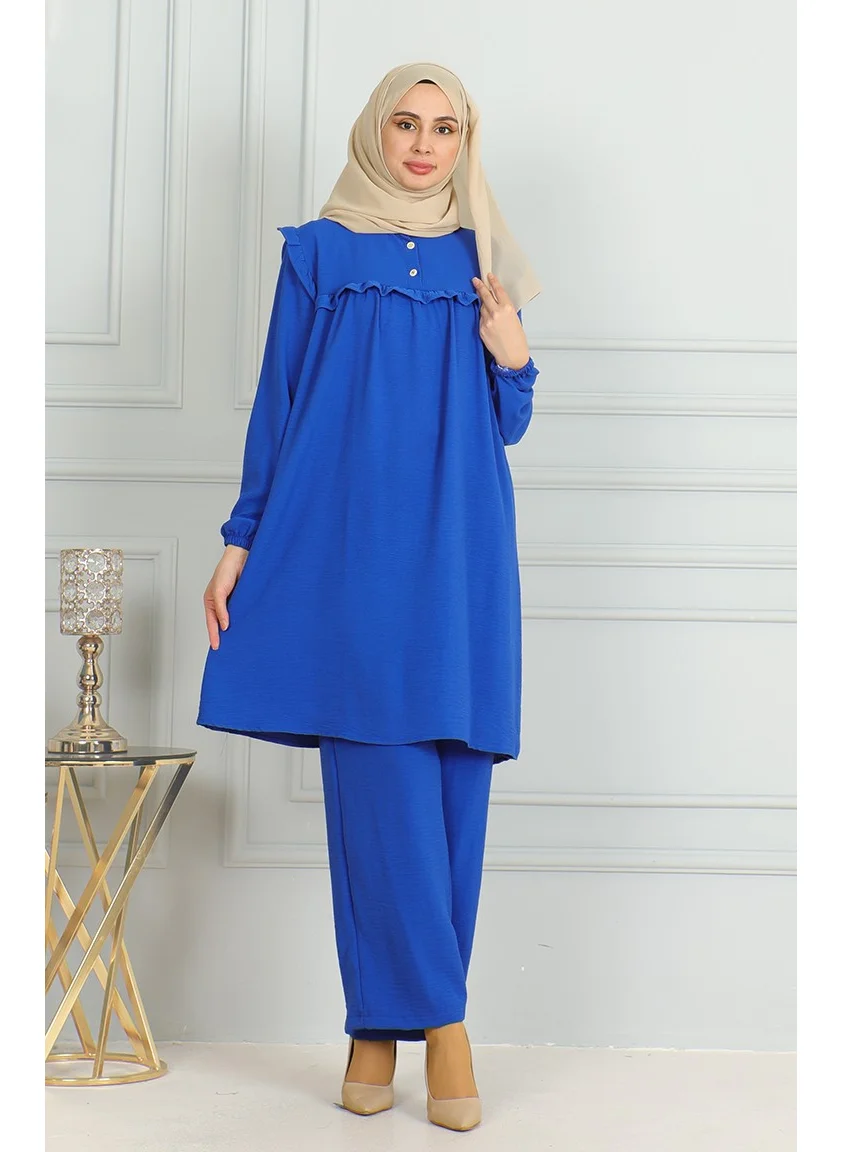 Sefa Merve Aerobin Fabric Ruffle Tunic Trousers Double Suit 1009-02 Saxe
