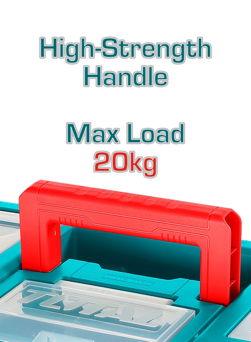 توتال صندوق أدوات بلاستيكي من توتال |  الأبعاد: 508 × 296 × 261 مم | يحتوي على قسم منظم قابل للإزالة | الجزء العلوي مزود بـ3 مناطق تخزين ووظيفة مقياس | مزود بمقبض وأقفال قوية لتحمل الاستخدام الشديد - Image 4