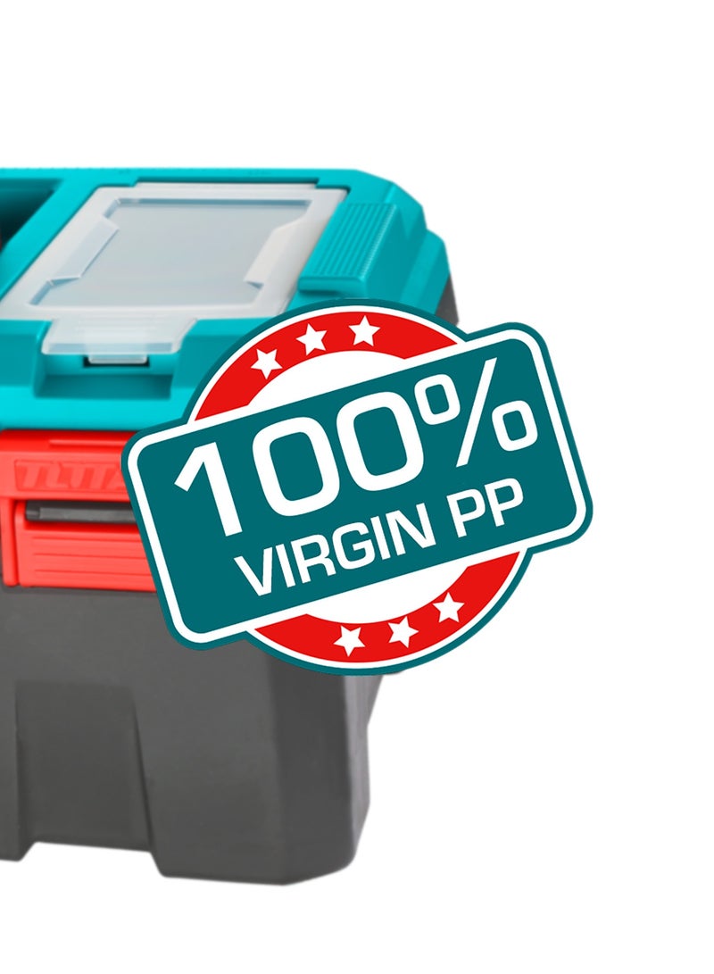 توتال صندوق أدوات بلاستيكي من توتال |  الأبعاد: 508 × 296 × 261 مم | يحتوي على قسم منظم قابل للإزالة | الجزء العلوي مزود بـ3 مناطق تخزين ووظيفة مقياس | مزود بمقبض وأقفال قوية لتحمل الاستخدام الشديد - Image 2