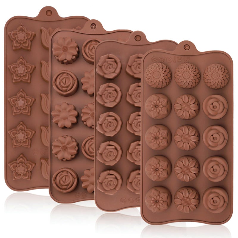 JOERSH 4PCS Silicone Chocolate Flower Molds for Candy Fat Bombs Snacks Truffles 11 Floral Shapes 60 Cavities Candle Soap Wax Melts Mold Rose Sunflower Tulip Coreopsis