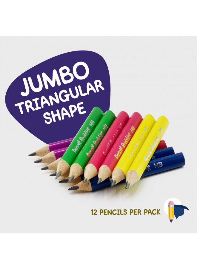 Pencil Buddies Short Jumbo Kids Pencils for Preschoolers, Kindergarten, Toddlers & Beginners - 12 Fat Pencils and 1 Sharpener & Eraser, HB Pencils, Triangle Grip, Big Pencils (Multicolor) - Image 2