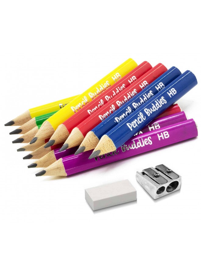 Pencil Buddies Short Jumbo Kids Pencils for Preschoolers, Kindergarten, Toddlers & Beginners - 12 Fat Pencils and 1 Sharpener & Eraser, HB Pencils, Triangle Grip, Big Pencils (Multicolor) - Image 1
