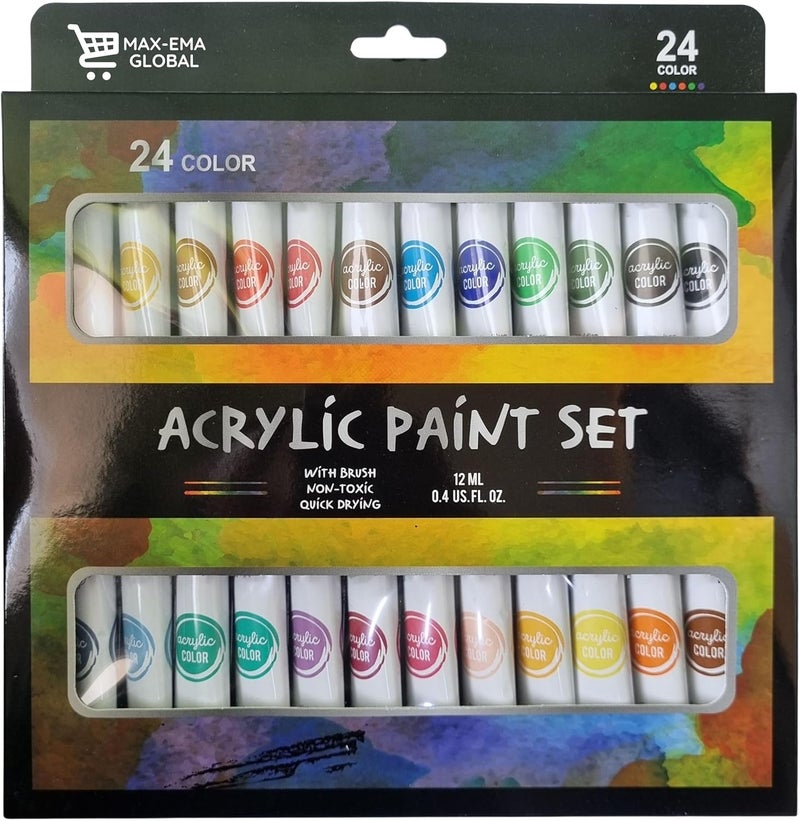 MAX-EMA GLOBAL MAX-EMA Acrylic Paint Set Pack Of 24x12ml Tubes Non-toxic Paint For Canvas, Wood, Fabric, Paper, Rock, Leather, Craft Supplies Artist Painting Kit For Adults, Kids & Beginners - Image 1