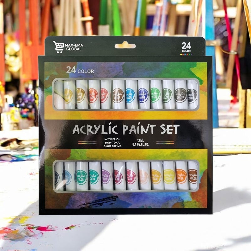 MAX-EMA GLOBAL MAX-EMA Acrylic Paint Set Pack Of 24x12ml Tubes Non-toxic Paint For Canvas, Wood, Fabric, Paper, Rock, Leather, Craft Supplies Artist Painting Kit For Adults, Kids & Beginners - Image 2