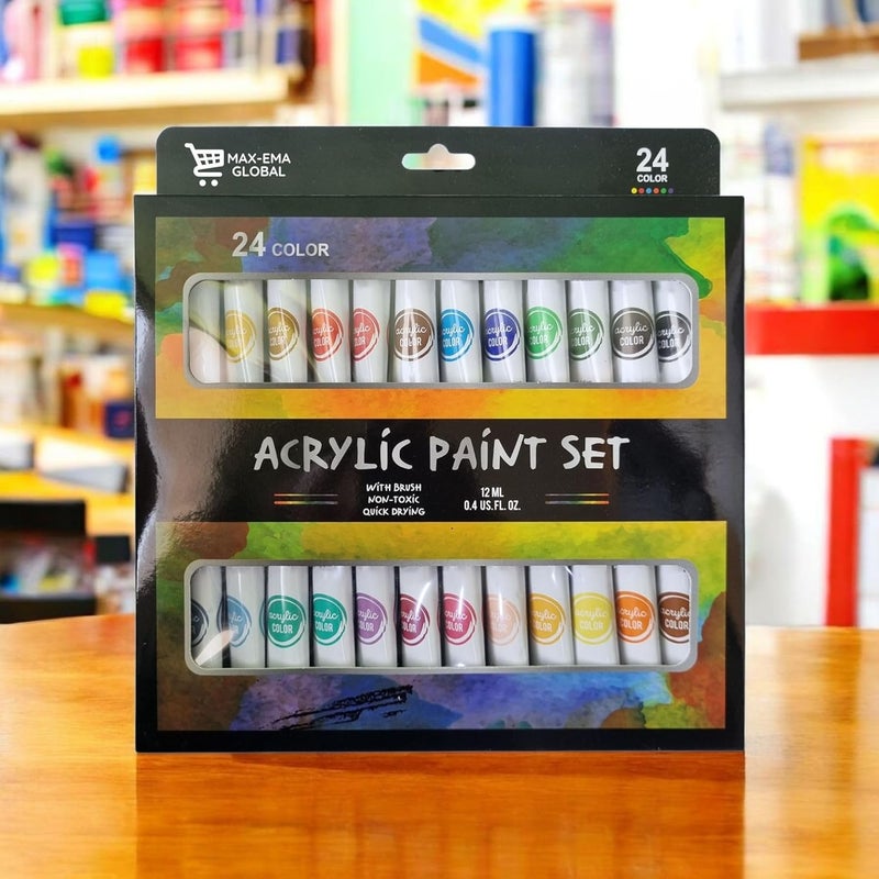 MAX-EMA GLOBAL MAX-EMA Acrylic Paint Set Pack Of 24x12ml Tubes Non-toxic Paint For Canvas, Wood, Fabric, Paper, Rock, Leather, Craft Supplies Artist Painting Kit For Adults, Kids & Beginners - Image 5