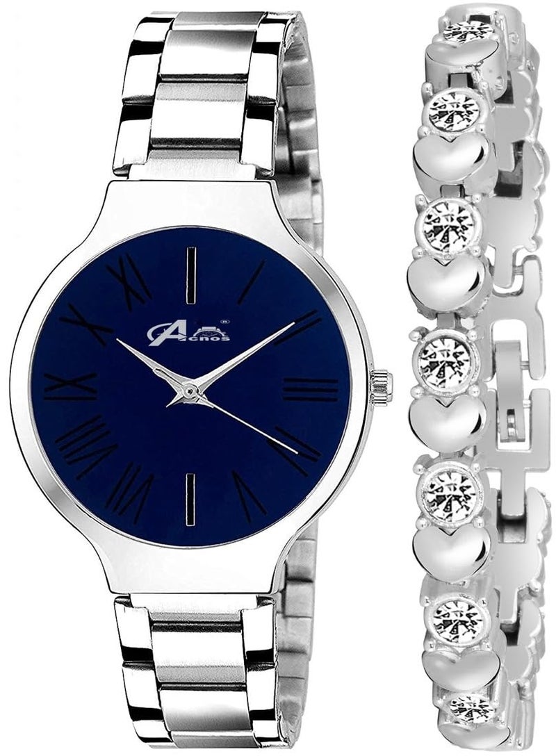 Acnos® Premium Brand - A Branded Watch Analog 4 Dial Blue Stainless Steel Silver Band with Heart Diamond Silver Bracelet Women's Watch - Image 1