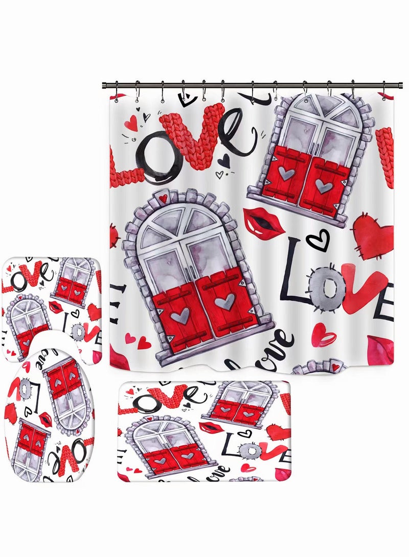 4-Pieces/Set Bathroom Household Supplies,Love Heart Pattern Bathroom Suit,Shower Curtain/Pedestal Rug/Toilet Lid Cover/Bath Mat Decor Set - Image 1