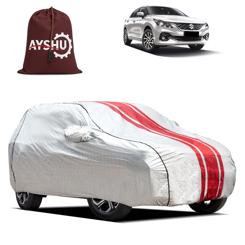 ASHU غطاء سيارة AYSHU المقاوم للماء لسيارة ماروتي سوزوكي بالينو | جيوب للمرايا والهوائي | طبقة داخلية ناعمة مضادة للخدش من القطن | خياطة ثلاثية | مقاوم للحرارة بلون فضي معدني | حماية في جميع الأحوال الجوية - Image 1