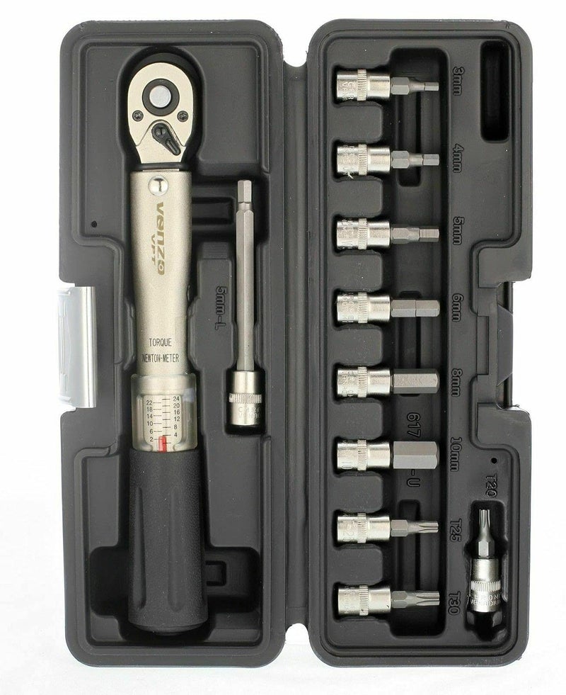 Venzo Bicycle Bike 1/4 Inch Driver - Torque Wrench Allen Key Tools Socket Set Kit 2-24Nm - Small Adjustable - Image 2