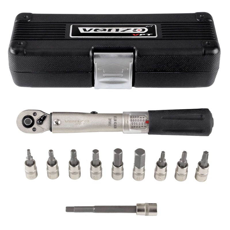 Venzo Bicycle Bike 1/4 Inch Driver - Torque Wrench Allen Key Tools Socket Set Kit 2-24Nm - Small Adjustable - Image 1