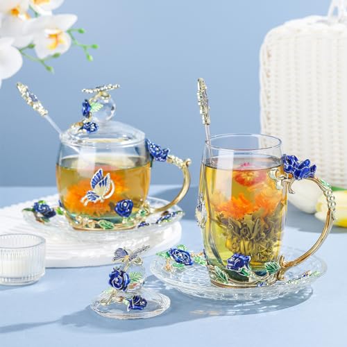 LANTREE Glass Coffee Mug Birthday Christmas Gift for Women Mom Sister Girlfriend Coworker Flower Butterfly Tea Cup Antique Coffee Mug with Lid Spoon Saucer(Tall Blue) - Image 3