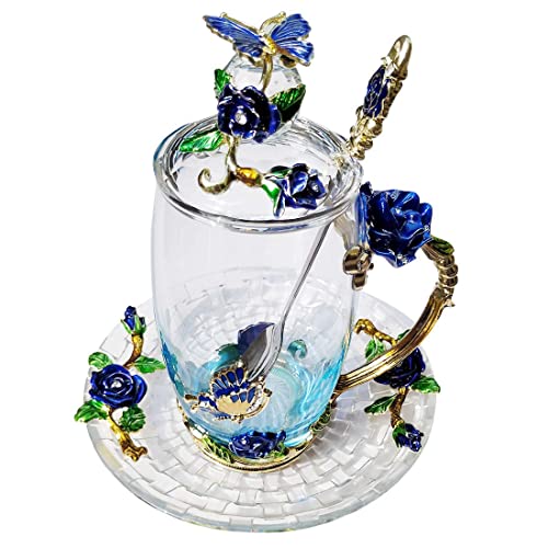 LANTREE Glass Coffee Mug Birthday Christmas Gift for Women Mom Sister Girlfriend Coworker Flower Butterfly Tea Cup Antique Coffee Mug with Lid Spoon Saucer(Tall Blue) - Image 1