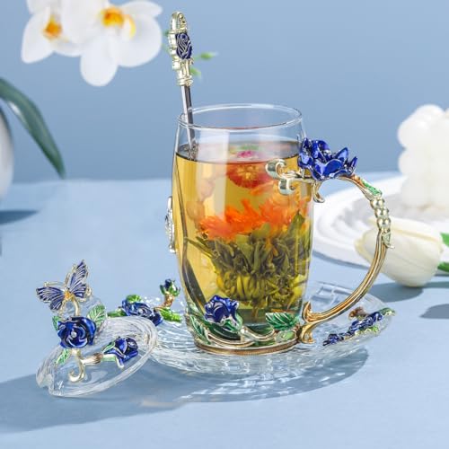 LANTREE Glass Coffee Mug Birthday Christmas Gift for Women Mom Sister Girlfriend Coworker Flower Butterfly Tea Cup Antique Coffee Mug with Lid Spoon Saucer(Tall Blue) - Image 2