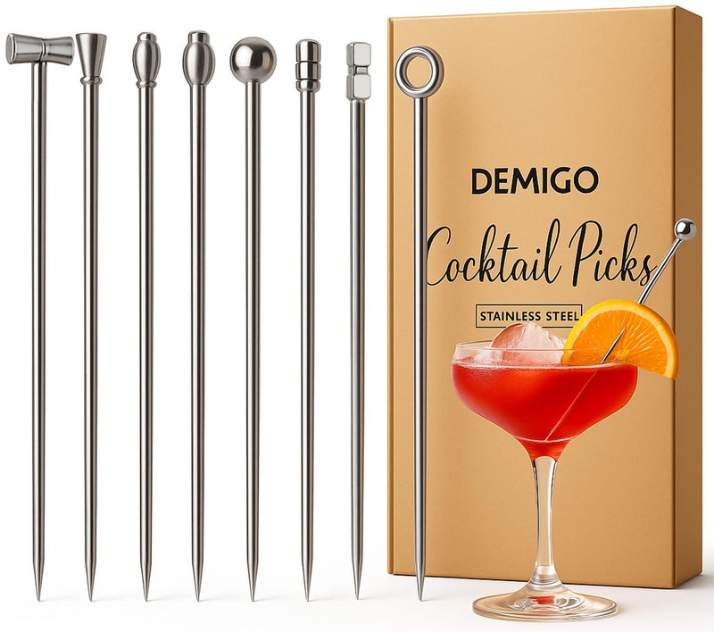 DEMIGO Cocktail Picks 8 New Styles Stainless Steel Reusable Olive Stuffers Martini Picks set Fruit Toothpicks Garnish Skewers Appetizer Drink Stick for Bar party Barbeque Snacks Club sandwiches