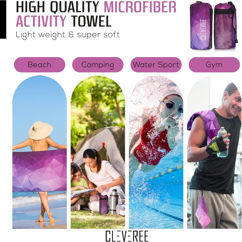 CLEVEREE Beach Towel and Gym Towel Pool Towel Swimming Towel for Men Women Microfiber towel Travel Towel fast-drying towel with carry bag Extra Large 150x90 cm and Gym Towel 50X25 (Purple) - Image 3