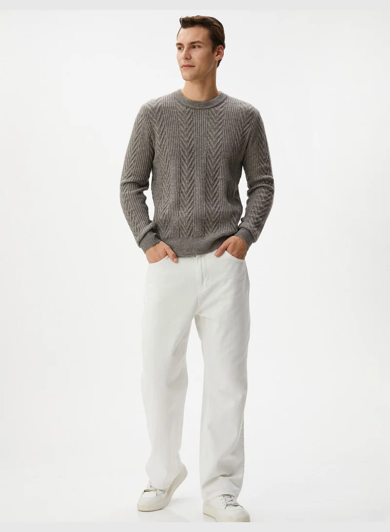 كوتون Textured Long Sleeve Crew Neck Knitwear Sweater