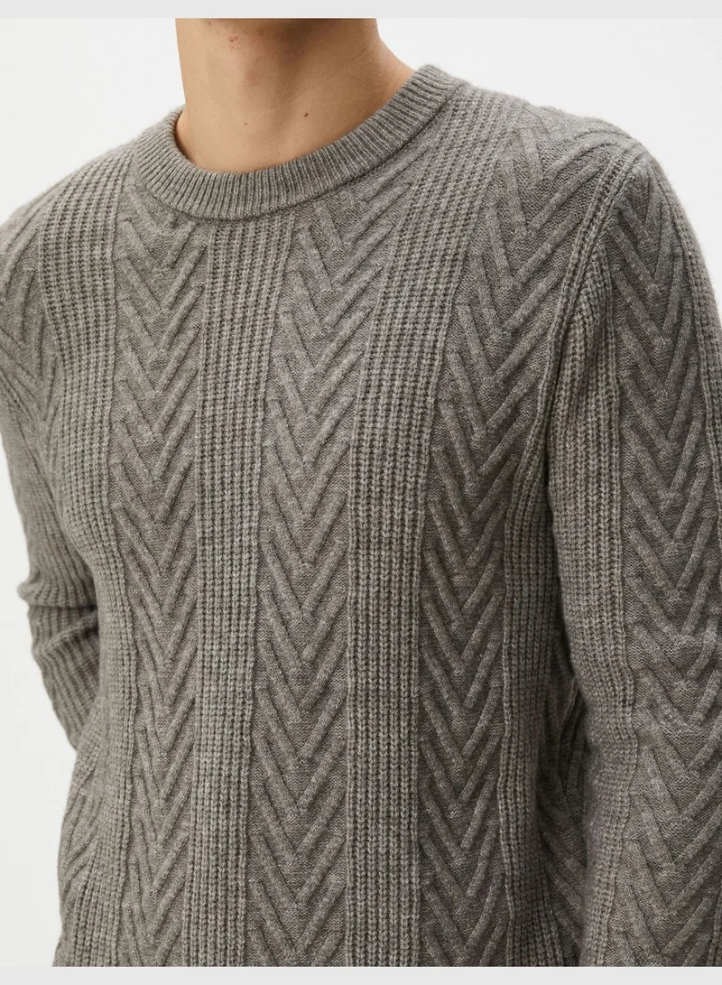كوتون Textured Long Sleeve Crew Neck Knitwear Sweater