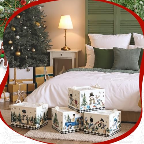 CHENGU 6 Pack Winter Storage Basket Collapsible Winter Basket for Gifts Buffalo Plaid Holiday Decor Large Snowman Bin Foldable Tree Box with Handle for Bedroom Office Home - Image 3