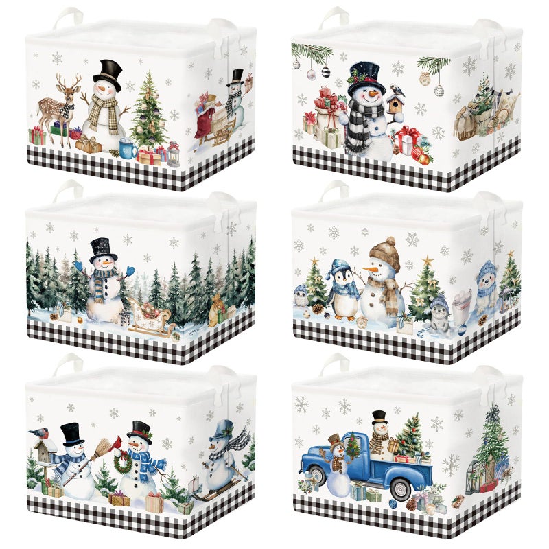 CHENGU 6 Pack Winter Storage Basket Collapsible Winter Basket for Gifts Buffalo Plaid Holiday Decor Large Snowman Bin Foldable Tree Box with Handle for Bedroom Office Home - Image 2