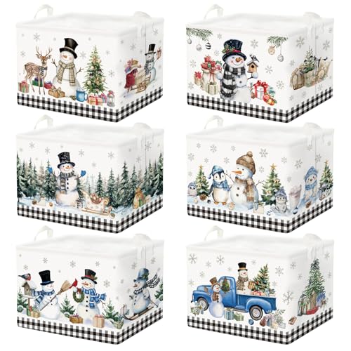 CHENGU 6 Pack Winter Storage Basket Collapsible Winter Basket for Gifts Buffalo Plaid Holiday Decor Large Snowman Bin Foldable Tree Box with Handle for Bedroom Office Home - Image 1