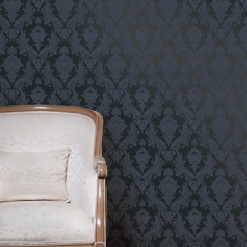 Tempaper Textured Black Damsel Removable Peel and Stick Damask Wallpaper, 20.5 in X 16.5 ft, Made in the USA - Image 4