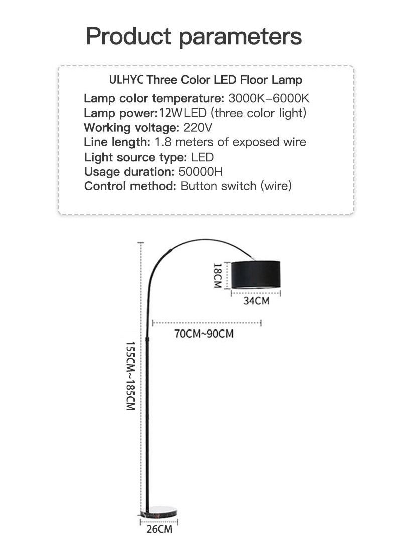 Nordic Simple Style Marble Base With Warm Light Floor Lamp with 12W Tricolor Light Black natural marble 185x70 cm