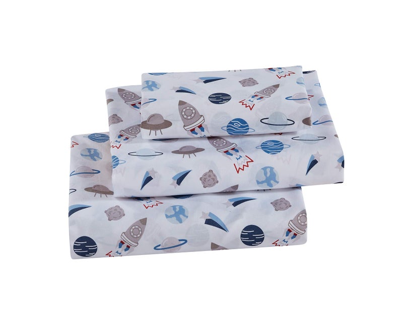 Linen Plus Linen Plus Sheet Set KidsTeen Solar System Spaceship Universe Rocket UFO White Blue Grey Red New  Blue Solar Twin 