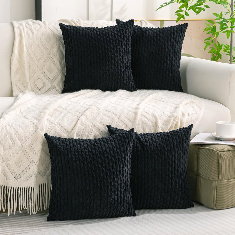 Cozoomy Set of 4 Black Decorative Pillow Covers 18x18 Inch Corduroy Throw Pillow Covers for Bed Couch Sofa Living Room Soft Cushion Cases - Image 2