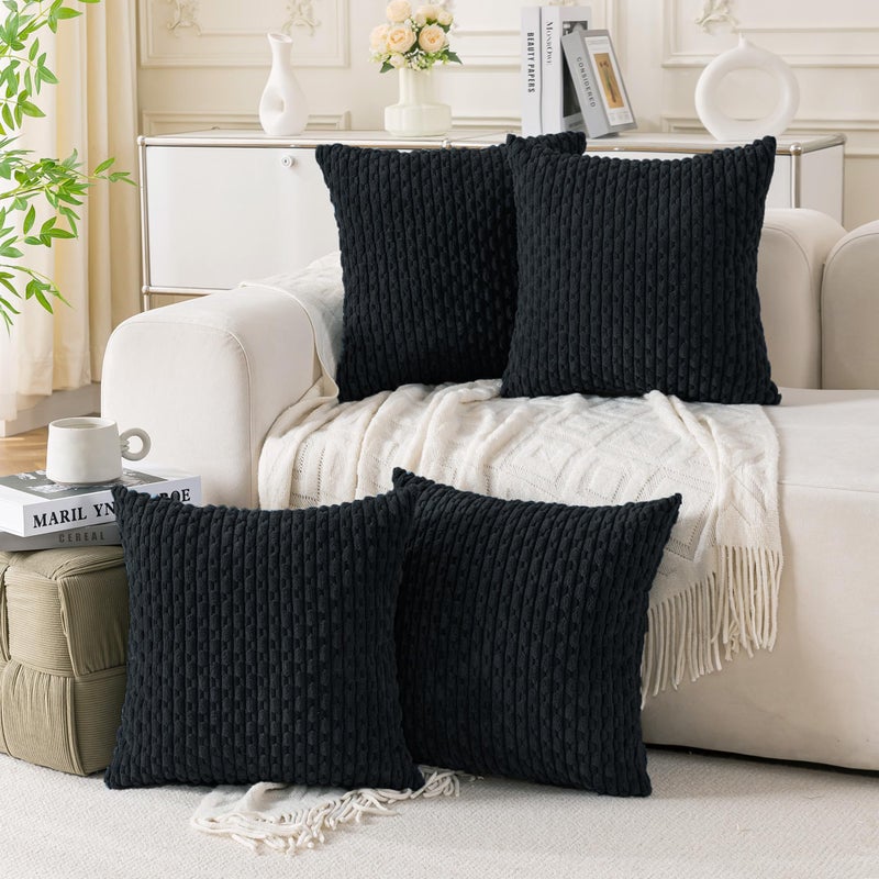 Cozoomy Set of 4 Black Decorative Pillow Covers 18x18 Inch Corduroy Throw Pillow Covers for Bed Couch Sofa Living Room Soft Cushion Cases - Image 1