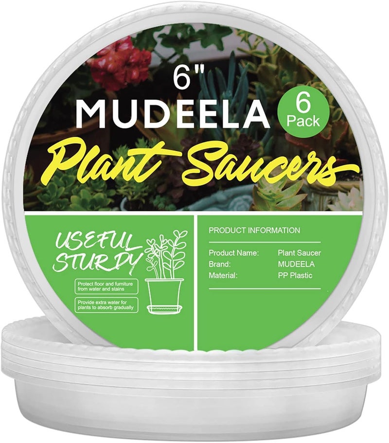 MUDEELA 6 Pack of 6 Inches Plant Saucers for Indoor Durable Plastic Round Plant Tray Plant Dish Pant Plate to Catch Water for Flower and Plant Pot Thicker Stronger Deeper Clear