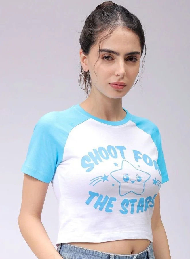 Freehand Women Slim Fit Graphic Printed Crew Neck Short Sleeve Baseball T-Shirt