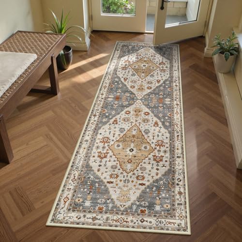 Lahome Long Bathroom Rugs Runner 2x6 Hallway Runner Rug Oriental Machine Washable Soft Non Slip Non Shedding Low Pile Printed Indoor Throw Carpet Runner for Entryway Bathroom Laundry Gold