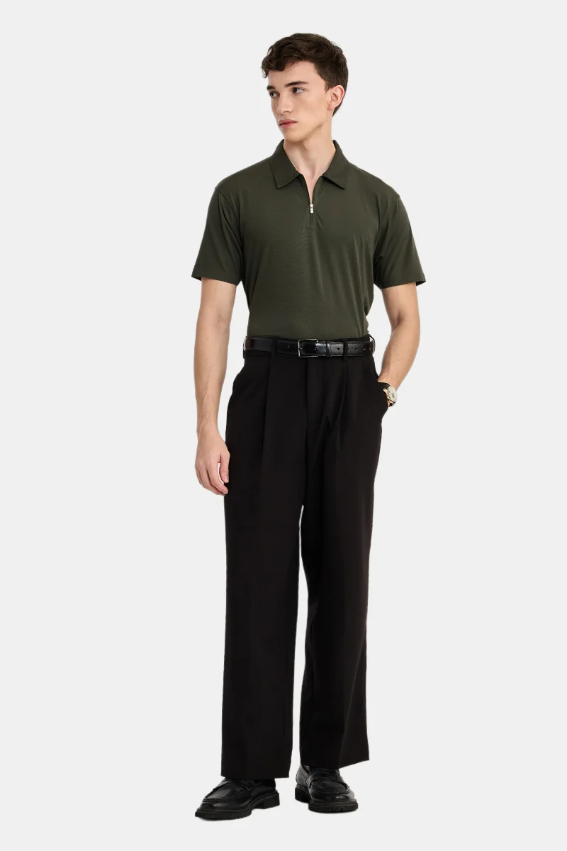 SNITCH Olive Textured Half Sleeve Slim Fit Casual T-Shirt