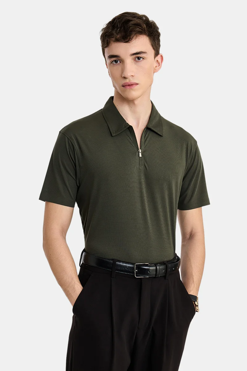 SNITCH Olive Textured Half Sleeve Slim Fit Casual T-Shirt